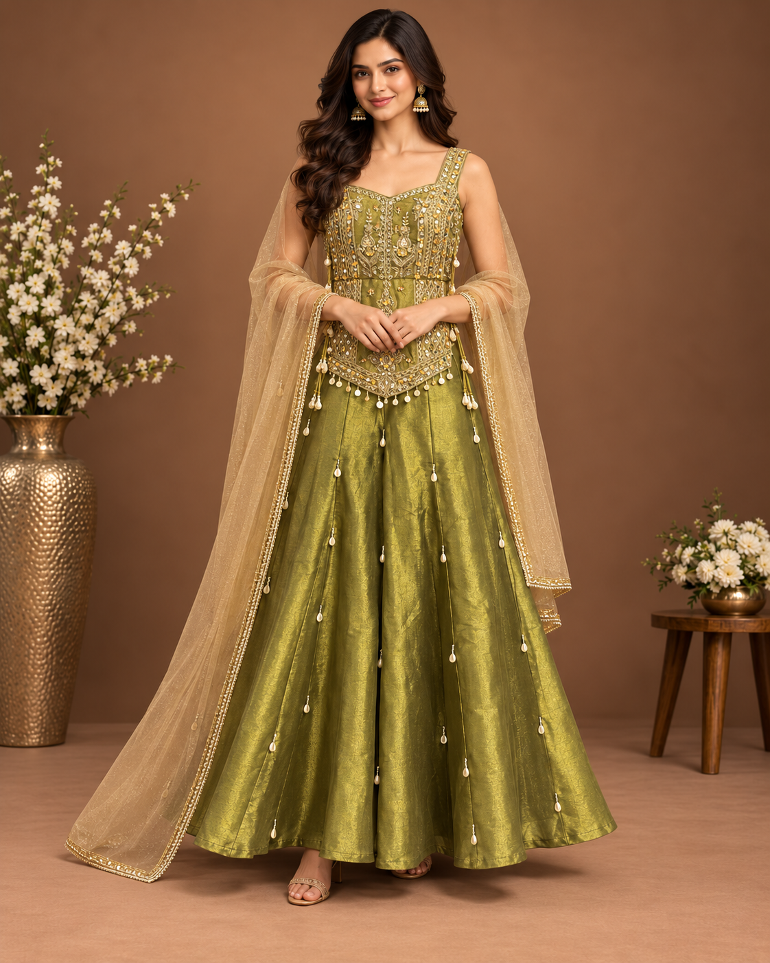 Elegant Olive Green Embellished Palazzo Suit Set