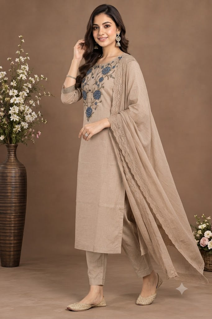 Elegant Beige Embroidered Salwar Suit Set