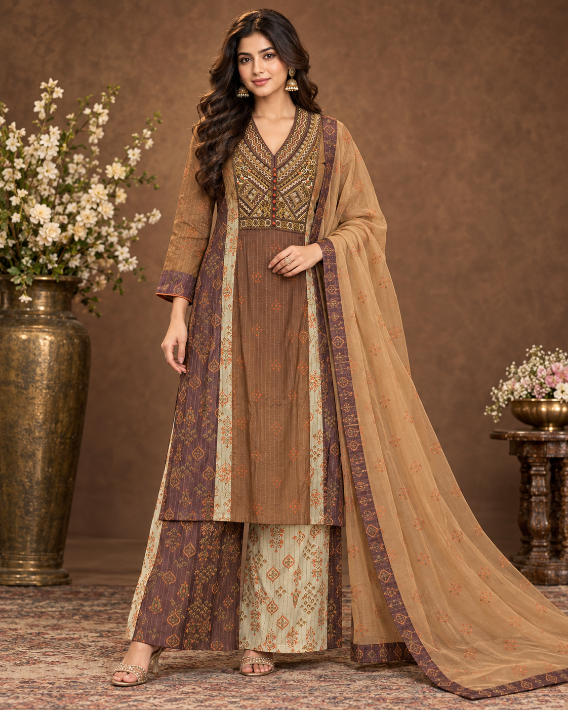 Elegant Brown Printed Palazzo Suit Set