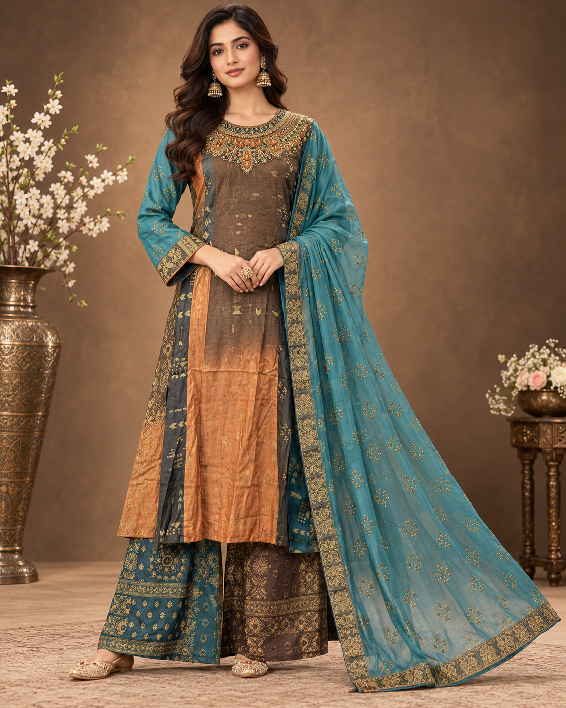 Elegant Teal & Brown Printed Palazzo Suit Set