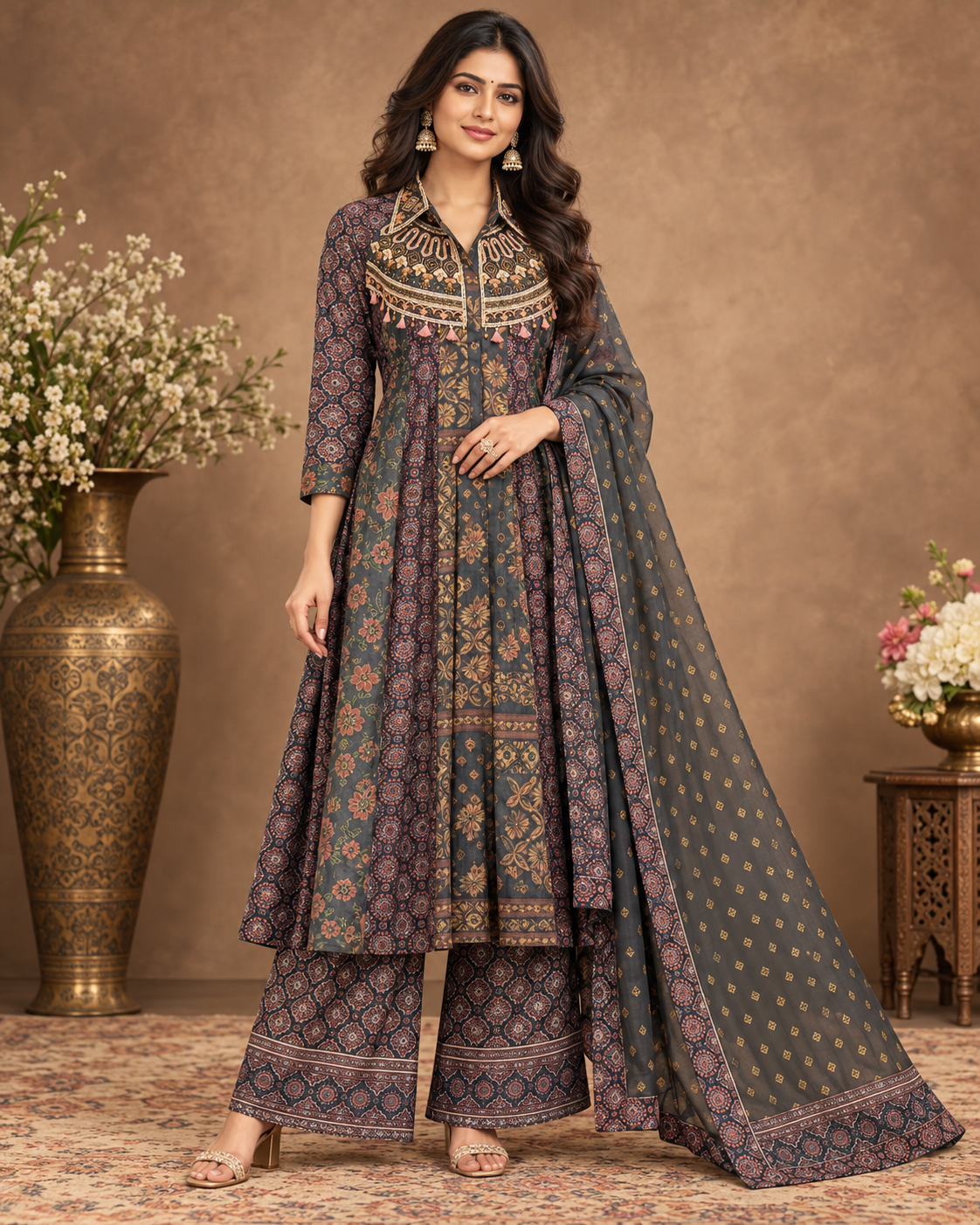 Elegant Printed Grey Palazzo Suit Set