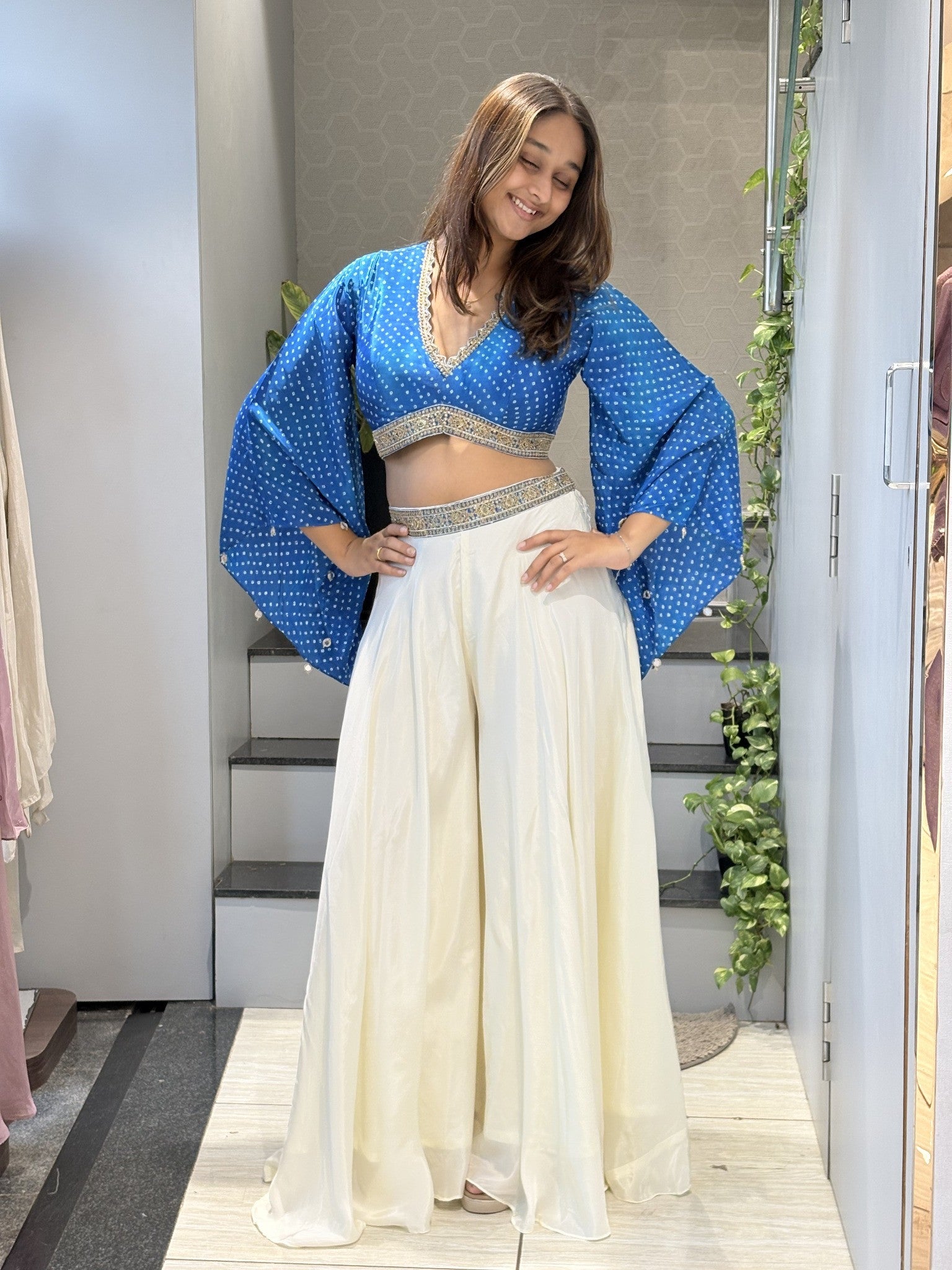 Elegant Blue Crop Top with Ivory Palazzo Set